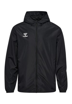 Zwarte, lichte, met een capuchon jack met ritssluiting aan de voorkant. Voorzien van elastische manchetten en een logo op de bovenste linkerborst. Gladde, glanzende textuur.