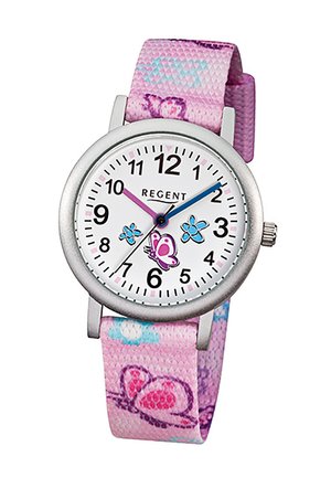 Montre pour enfants avec bracelet en tissu rose à motifs de papillons, cadran blanc avec chiffres noirs, aiguilles bleues et roses, et décorations de papillons.
