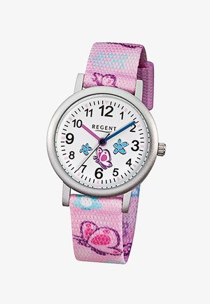 Kinderarmbanduhr mit rosa Stoffarmband mit Schmetterlingsmuster, weißem Zifferblatt mit schwarzen Zahlen, blauen und rosa Zeigern sowie Schmetterlingsverzierungen.