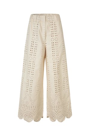 Pantalon beige à jambes larges avec motifs brodés en œillets et ourlet festonné, doté d'une taille haute et d'une fermeture frontale.