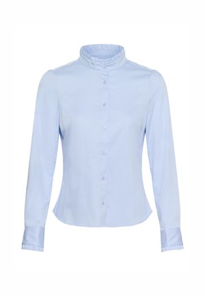 Világoskék hosszú ujjú blúz fodros mandarin gallérral és mandzsettával, elején gombos záródással, testhez simuló szabással.