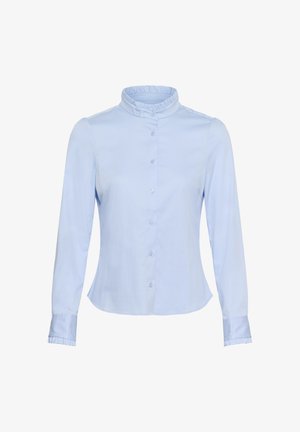Világoskék hosszú ujjú blúz fodros mandarin gallérral és mandzsettával, elején gombos záródással, testhez simuló szabással.