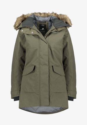 Abrigo de invierno impermeable color verde oliva con capucha forrada de piel, cremallera frontal, solapa con botones a presión y dos grandes bolsillos delanteros con solapas abotonadas.