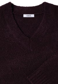 V-hals trui in donker bordeaux met een zachte, fuzzy textuur. Het label zegt "CECIL." Heeft ribgebreide randen voor extra detail.