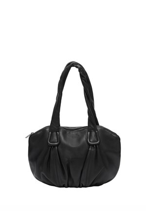 Czarna skórzana torebka z dwoma wyściełanymi uchwytami i zamkiem błyskawicznym, z marszczeniami na dolnej przedniej części oraz przeszyciami dekoracyjnymi.