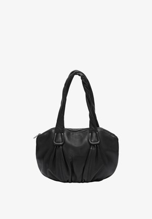 Czarna skórzana torebka z dwoma wyściełanymi uchwytami i zamkiem błyskawicznym, z marszczeniami na dolnej przedniej części oraz przeszyciami dekoracyjnymi.