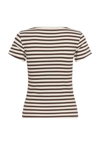 T-shirt à manches courtes à rayures, présentant des rayures alternées de marron foncé et de crème, avec un col ras du cou et une texture côtelée.