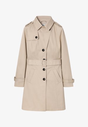 Trench beige fino al ginocchio con bottoni neri, vita e polsini con cintura, spalline sulle spalle e due tasche frontali.