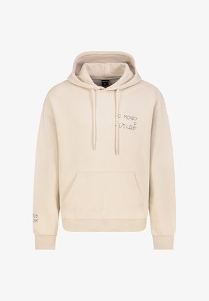 Beige Kapuzenpullover aus weichem Stoff, mit einer Vorderseitentasche, verstellbarem Kordelzug an der Kapuze und gesticktem Text "KEIN GELD, ABER LIEBE" auf der Brust.