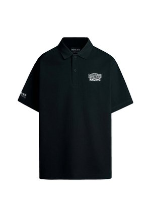 Black polo shirt made of cotton with a classic collar. Features a white "Red Bull Racing" logo on the chest and sleeve. Short sleeves.