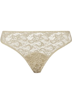 Perizoma in pizzo beige con motivo floreale, caratterizzato da una texture trasparente, bordi a scallop e design T-back per una copertura minimale.