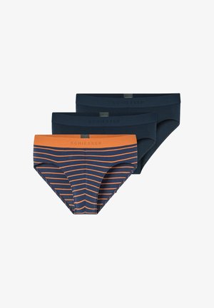 Tre par bomuldsunderbukser i marineblå og orange. Et par har vandrette orange striber; de andre er ensfarvede marineblå med logo på taljebåndet.