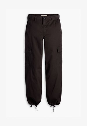 Schwarze Cargo-Hosen aus strapazierfähigem Stoff, mit mehreren Seitentaschen, einem verstellbaren Kordelzug am Saum und einem Knopfverschluss.