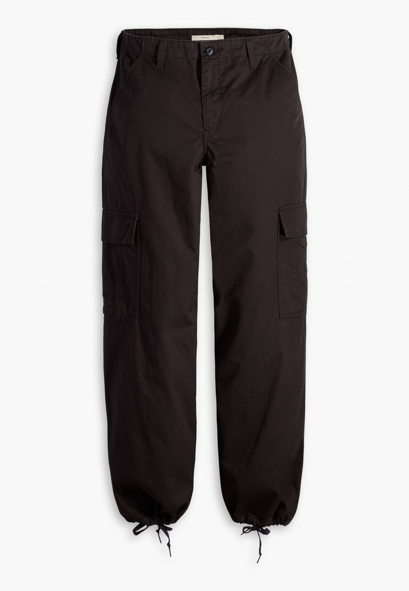 Pantalons cargo noirs en tissu durable, dotés de plusieurs poches latérales, d'un cordon de serrage réglable aux poignets et d'une fermeture à bouton.