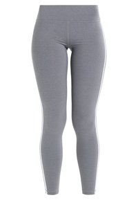 Šedé legíny s vysokým pasem, bílé postranní pruhy, upnutý styl, bezešvé přední švy, plná délka.