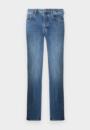 Jean en denim bleu à coupe droite, doté de cinq poches, d'une fermeture à bouton et d'une finition délavée pour un aspect usé.