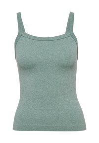 Geribbelde tanktop in een gedempt groen. Heeft brede banden en een fitted silhouet. Gemaakt van een zachte, rekbare stof voor comfort.