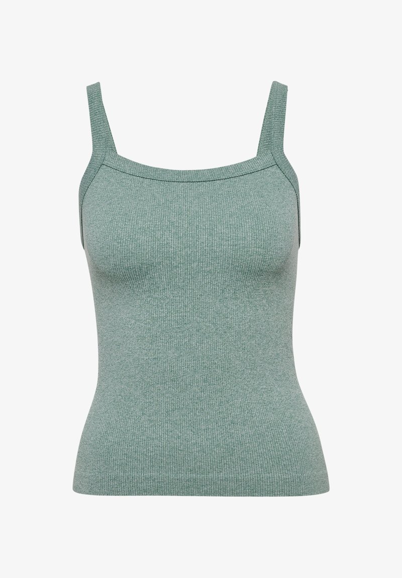Geribbelde tanktop in een gedempt groen. Heeft brede banden en een fitted silhouet. Gemaakt van een zachte, rekbare stof voor comfort.