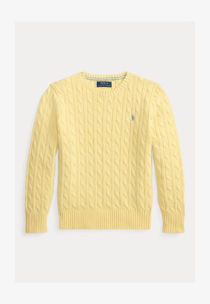Maglione giallo a girocollo con lavorazione a trecce, maniche lunghe e piccolo logo Ralph Lauren ricamato in blu sul petto.