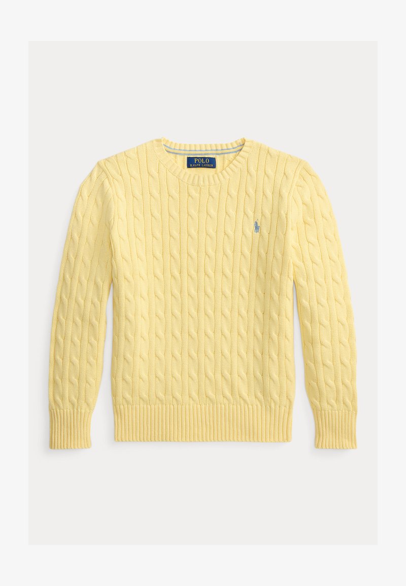 Sárga, kábelmintás, kerek nyakú pulóver hosszú ujjakkal, és a mellkason kis, kék Ralph Lauren hímzett logóval.
