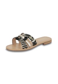 Zebra-patterned slide sandals with black and beige straps, featuring a metallic accent on a light tan sole. Flat design, open toe.