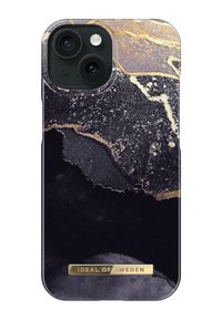 Telefondeksel med et svart, gull og grått marmormønster og en blank overflate. Merket metallplate nederst med "IDEAL OF SWEDEN."