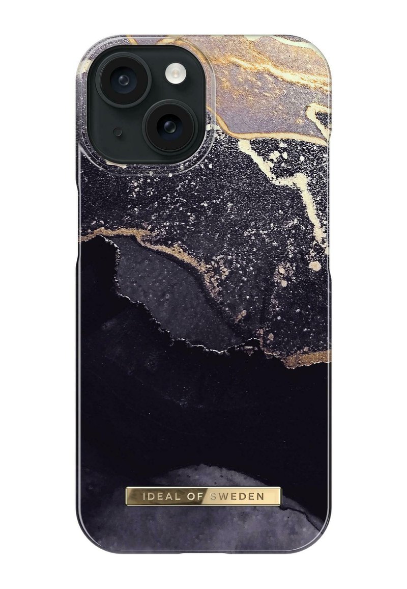 Telefondeksel med et svart, gull og grått marmormønster og en blank overflate. Merket metallplate nederst med "IDEAL OF SWEDEN."