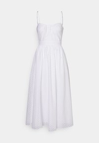 Vit klänning med kroppsnära kjol, justerbara spaghetti-band och en full, rynkad kjol. Har ett strukturerat tyg med subtila mönster.