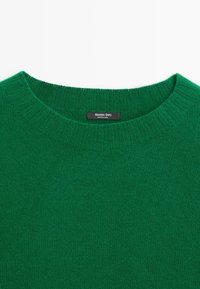 Grüner gestrickter Pullover mit einem gerippten Rundhalsausschnitt und einem kleinen schwarzen Etikett mit der Aufschrift "Massimo Dutti" am hinteren Kragen.