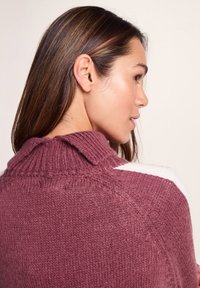 Knit sweater with a high collar in burgundy and white. Features textured fabric and structured shoulder seams.