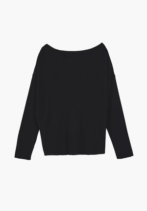 Schwarzer Langarmpullover mit weitem Ausschnitt und lockerem Schnitt, flach auf einem schlichten weißen Hintergrund präsentiert.