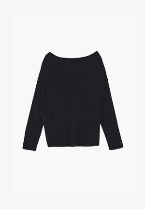 Schwarzer Langarmpullover mit weitem Ausschnitt und lockerem Schnitt, flach auf einem schlichten weißen Hintergrund präsentiert.