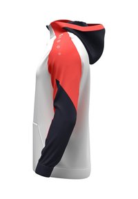 Kapuzensweatshirt mit weißem Körper und roten sowie marineblauen Akzenten, glatter Textur, langen Ärmeln und einer Kängurutasche.