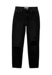 Jeans de mezclilla negra con un diseño de cintura alta, dos bolsillos frontales y rotos visibles en las rodillas para un estilo atrevido.