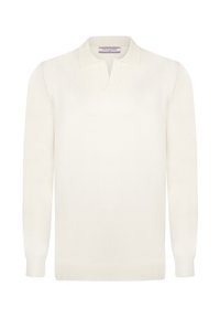 Valge kudumiga pullover lühikese krae ja pikkade varrukatega. Omab soonikserva ja -varrukaid, valmistatud pehmest, kergest kangast.