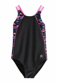 Costume da bagno nero con motivo a onde multicolore ai lati, spalline rosa e accenti rosa in contrasto. Presenta un'etichetta con logo rotondo sulla parte frontale.