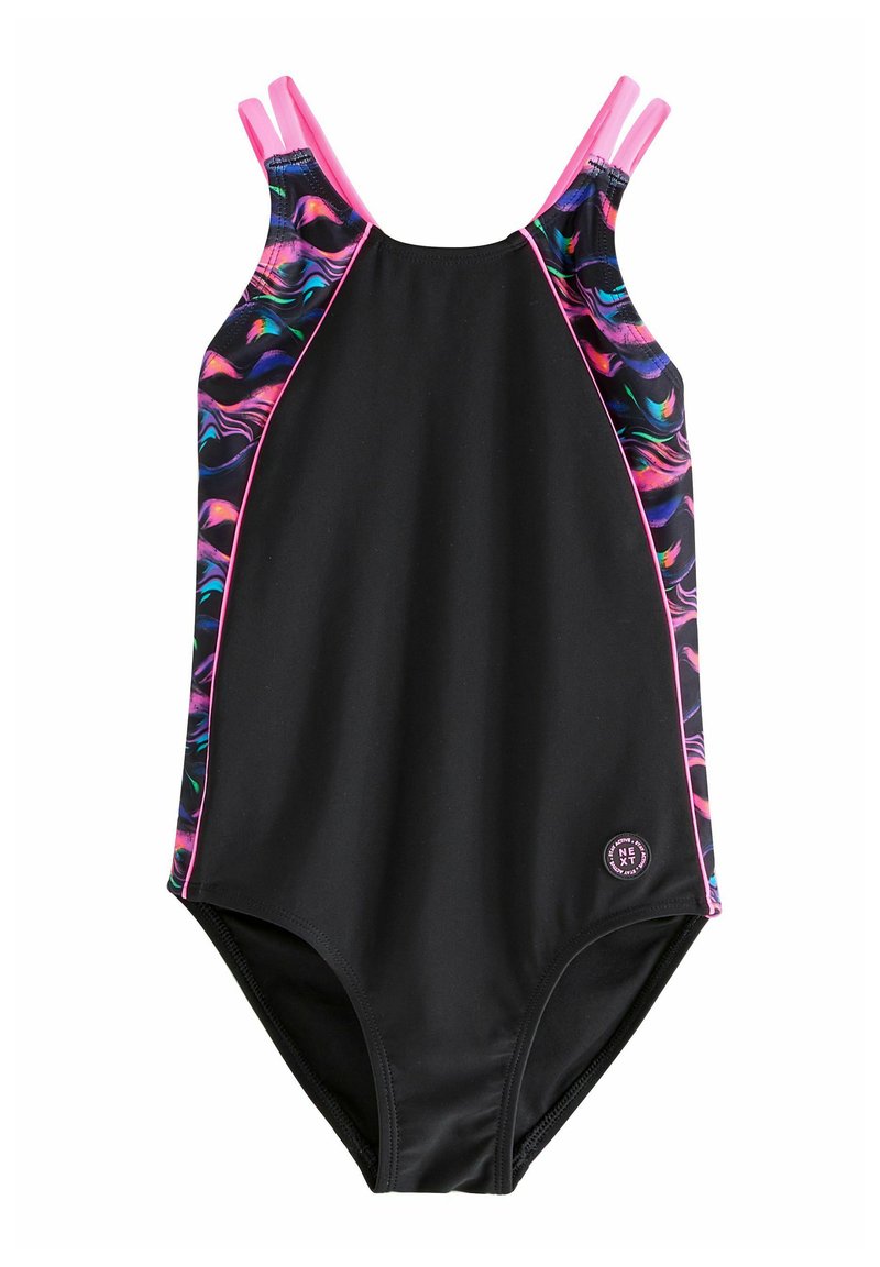 Costume da bagno nero con motivo a onde multicolore ai lati, spalline rosa e accenti rosa in contrasto. Presenta un'etichetta con logo rotondo sulla parte frontale.