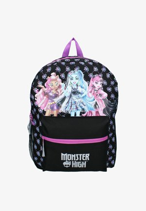 Zwarte rugzak met drie cartoonfiguren op de voorkant, met paarse accenten, een ritsvak en een versterkte handgreep bovenop.