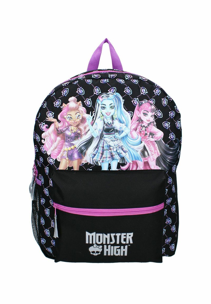 Zwarte rugzak met drie cartoonfiguren op de voorkant, met paarse accenten, een ritsvak en een versterkte handgreep bovenop.