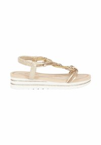 Sandali piatti metallici oro con cinturini intrecciati, suola bianca e sottili accenti decorativi. Design open-toe con soletta imbottita.