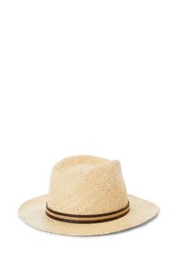 Straw fedora hat, light beige color, with a rounded crown and a wide brim. Features a brown decorative band around the base.