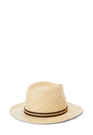 Straw fedora hat, light beige color, with a rounded crown and a wide brim. Features a brown decorative band around the base.