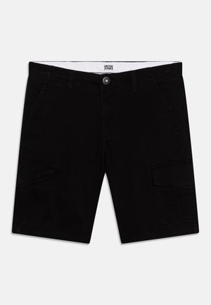 Czarne cargo szorty męskie z bocznymi kieszeniami na klapę, frontowym guzikiem, szlufkami na pasek oraz metką Jack & Jones wewnątrz białej talii.