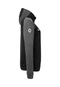 Hooded jack in zwart en donkergrijs, met een geometrisch patroon op de schouder, ribgebreide manchetten en een logo op de borst.