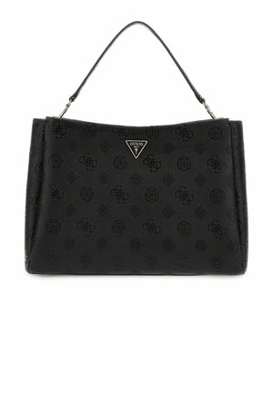 Borsa a tracolla nera in pelle con un motivo testurizzato che presenta design circolari e floreali. Dotata di una maniglia superiore e con una finitura in pelle sintetica.