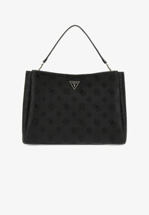 Borsa a tracolla nera in pelle con un motivo testurizzato che presenta design circolari e floreali. Dotata di una maniglia superiore e con una finitura in pelle sintetica.