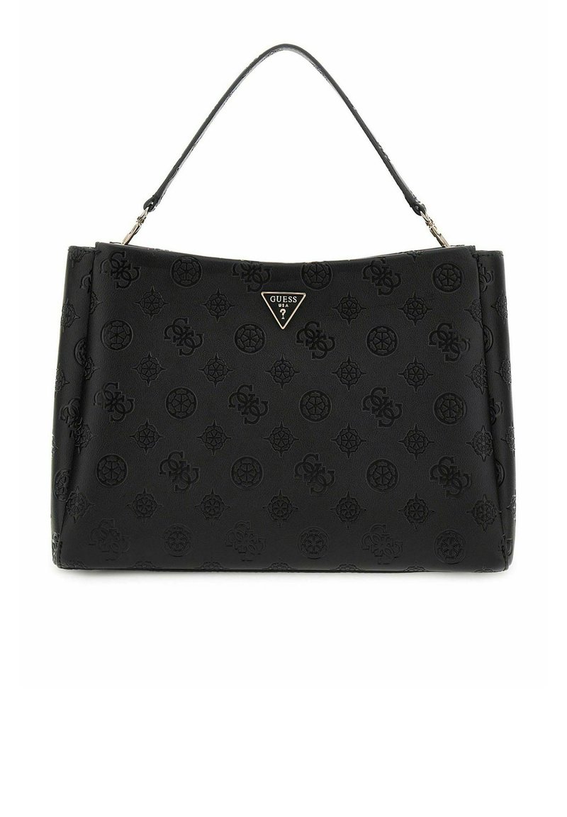 Sac à main en cuir noir avec un motif texturé comportant des designs circulaires et floraux. Équipé d'une poignée supérieure et d'une finition en simili cuir.