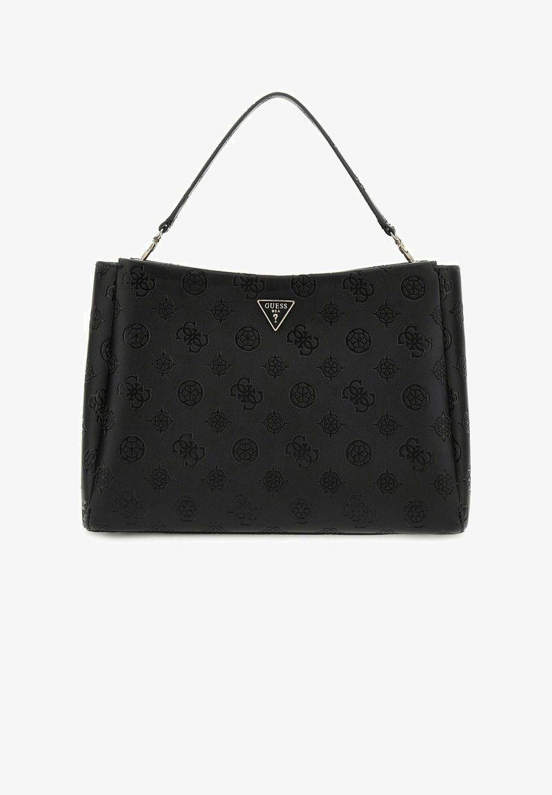 Borsa a tracolla nera in pelle con un motivo testurizzato che presenta design circolari e floreali. Dotata di una maniglia superiore e con una finitura in pelle sintetica.