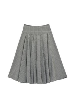 Szara plisowana spódnica z wzorem w kratę okienkową w kolorze czarno-białym oraz wysokim stanem.