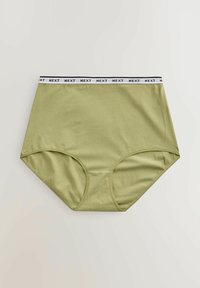 Culotte taille haute en coton vert olive avec une ceinture élastique blanche arborant le logo "NEXT" répété en noir.